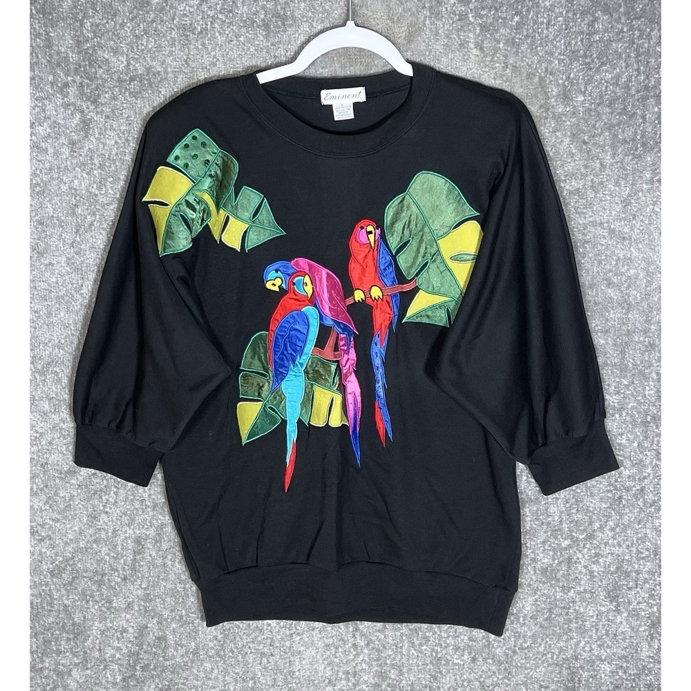 Vintage Eminent Macaw Parrot Bird Knit Top Womens Size L Black Beaded 3/4 Sleeve